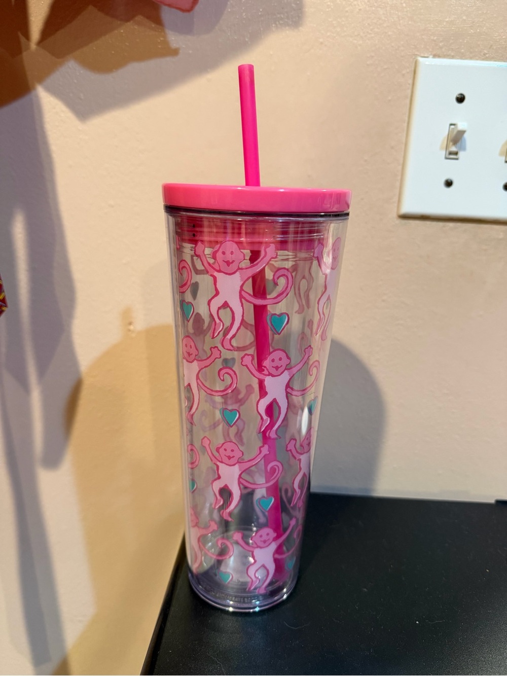 Starbucks Pink Monkey Pattern Double-Wall Tumbler with Straw